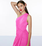 One shoulder dress with gathered details in pink