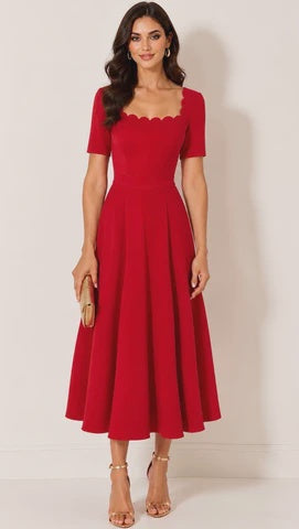 Livia Scallop Dress in Red