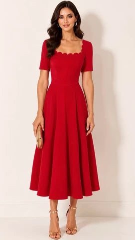 Livia Scallop Dress in Red