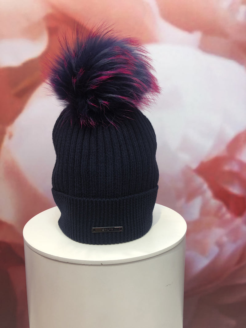 Navy Merino Hat with Navy Pom Pom With Pink Flecks