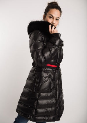 Black Puffa Long Coat with Fur Trimmed Hood
