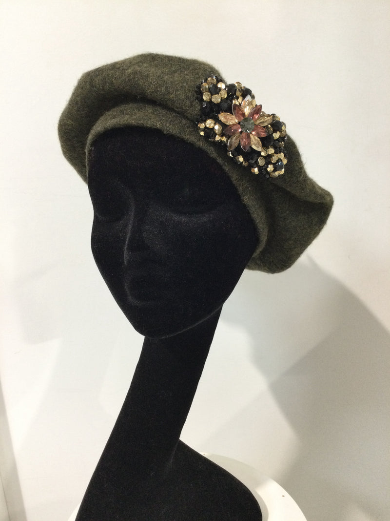 Khaki Beret with Gold Embellishment
