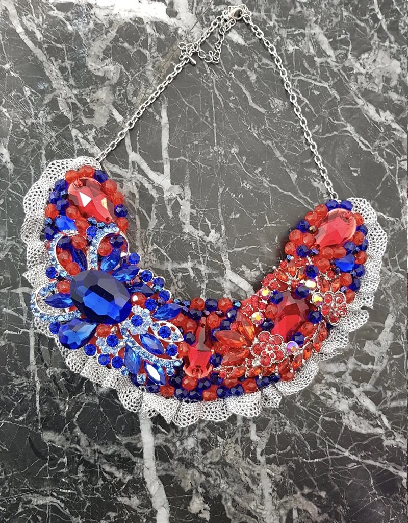 Small Collar - Blue Red & Silver with Silver Lace