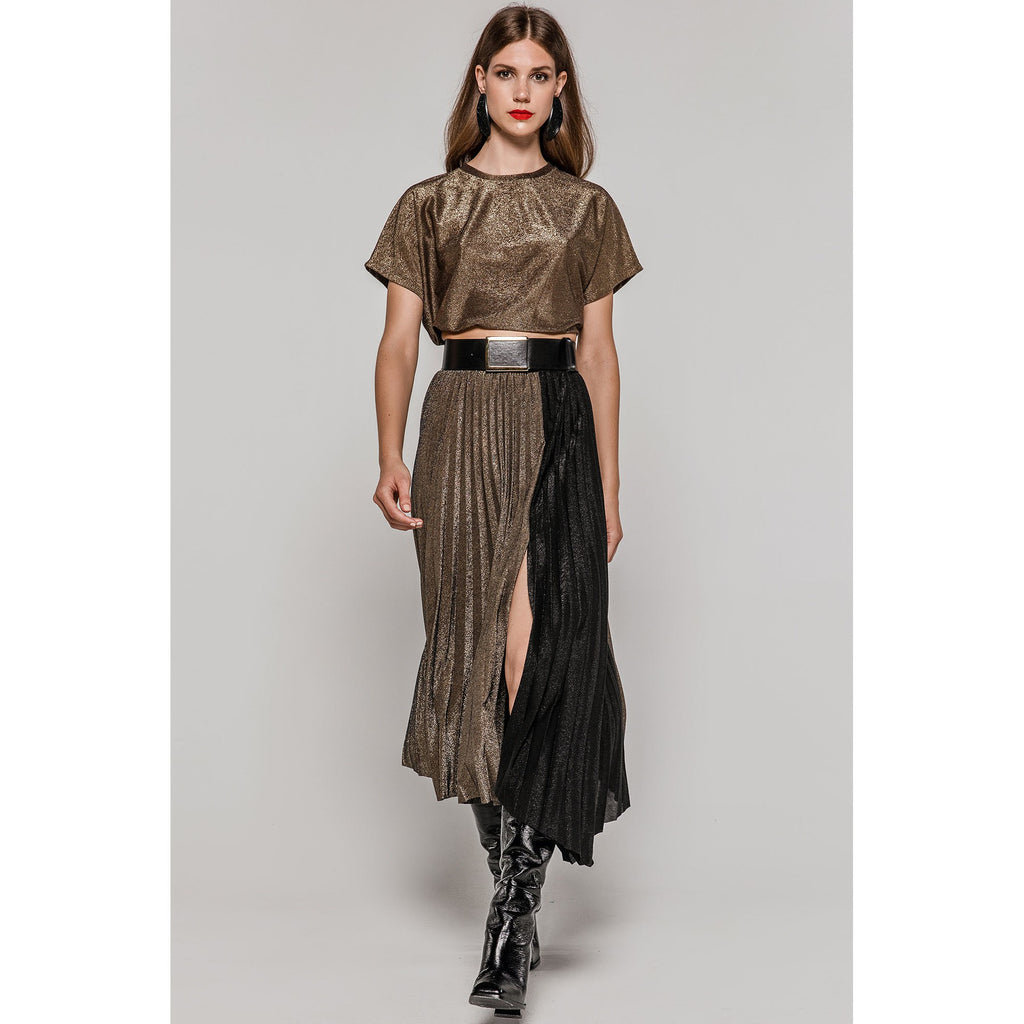 Bronze and Black Lurex Pleated Skirt