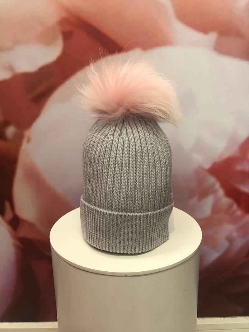 Light Grey Merino Hat with Baby Pink Pom Pom