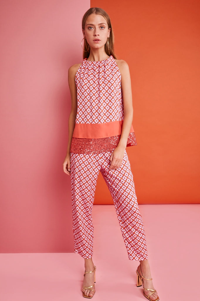 Pink and orange trousers with drawstring