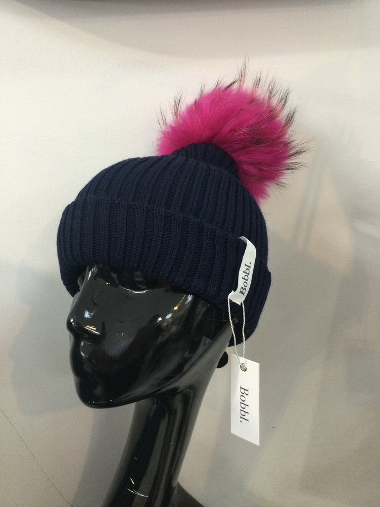 Navy hat with pink bobbl