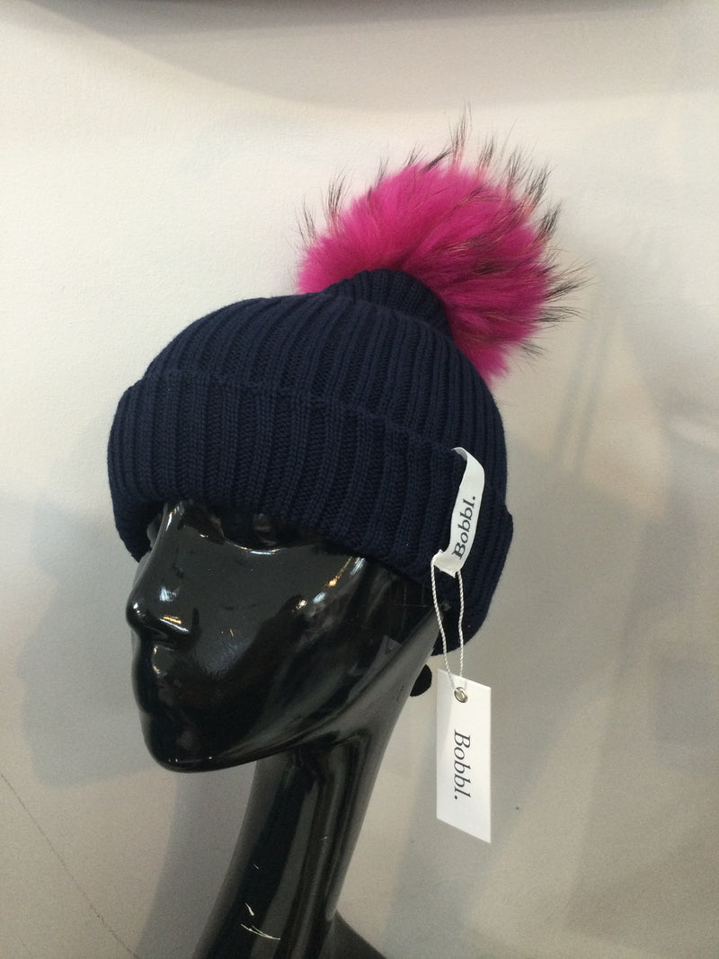 Navy hat with pink bobbl