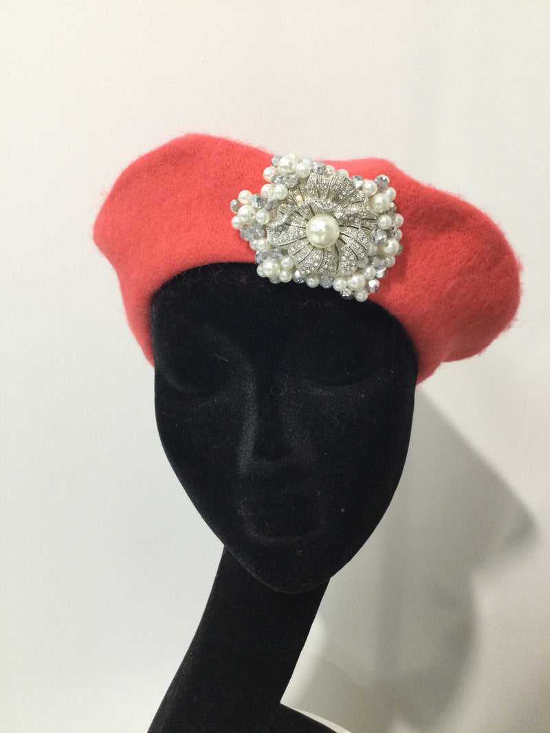 Coral Beret with Crystal Snowflake