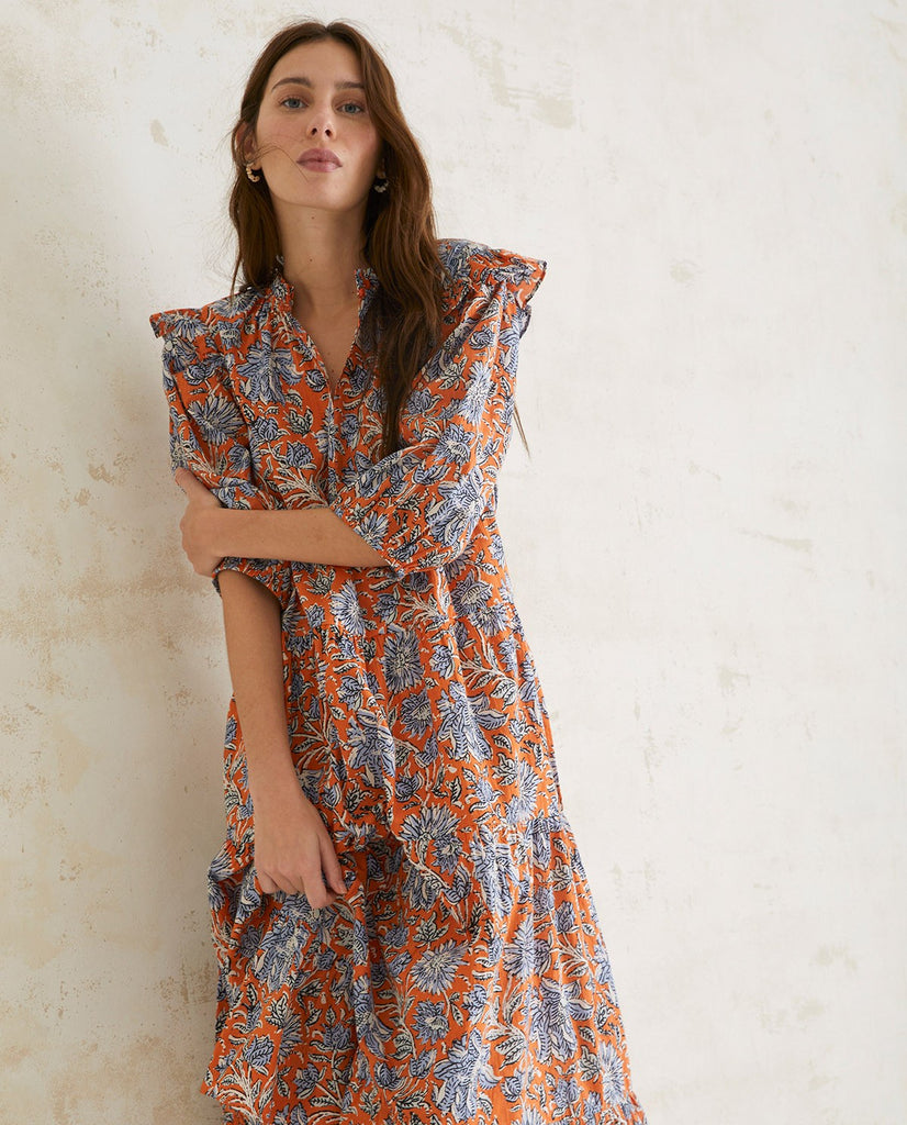 burnt orange and blue dress Burnt Orange & Blue Floral Swiss Dot Dress