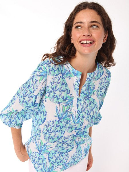 Blouse with blue and green print