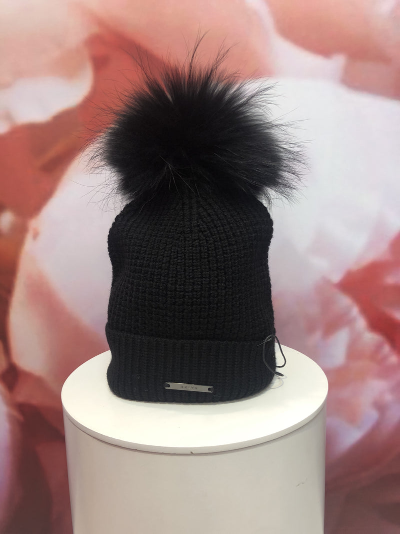 Black Waffle Merino Hat with Black Pom Pom