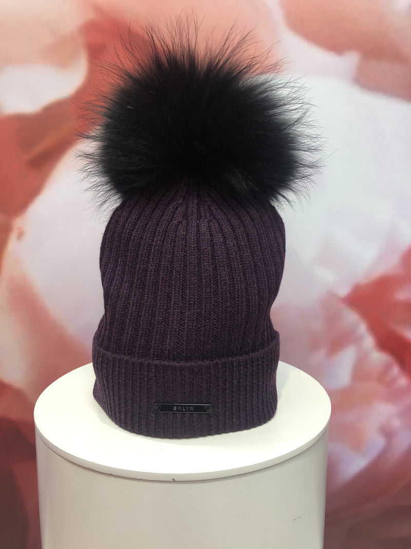 Mulberry Merino Hat with Black Pom Pom