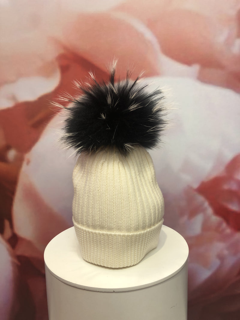 Ivory Merino Hat with Black and Ivory Pom Pom