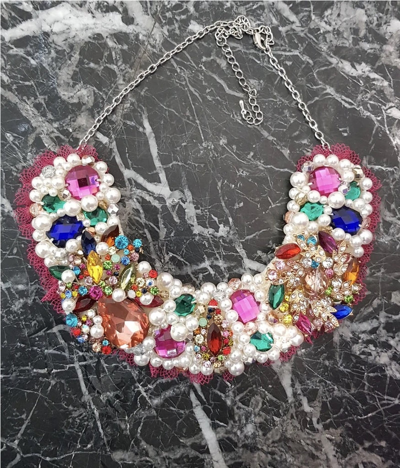 Small Collar - Pearl & Multicolour with Pink Lace