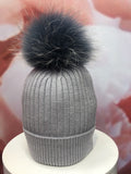 Light Grey Merino Hat with Grey Blue Pom Pom