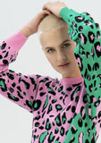 Pink and Green Leopard Print Round Neck Sweater