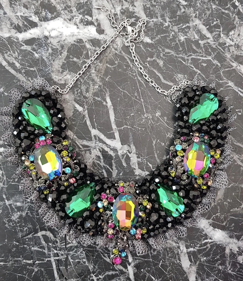 Small Collar - Black Green & Multicoloured with Pewter Lace