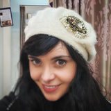 Aisling Maher Cream Angora Beret with Silver and Pearl Iris Embellishment