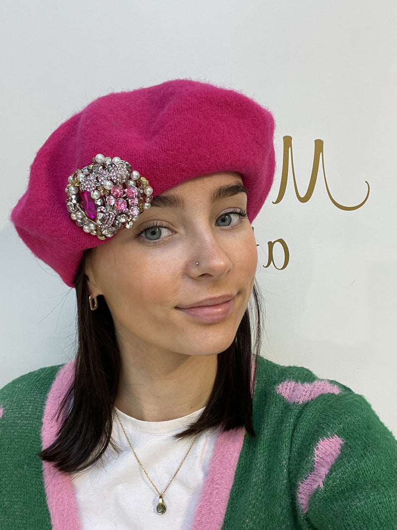 Bright Pink beret with Pink brooch
