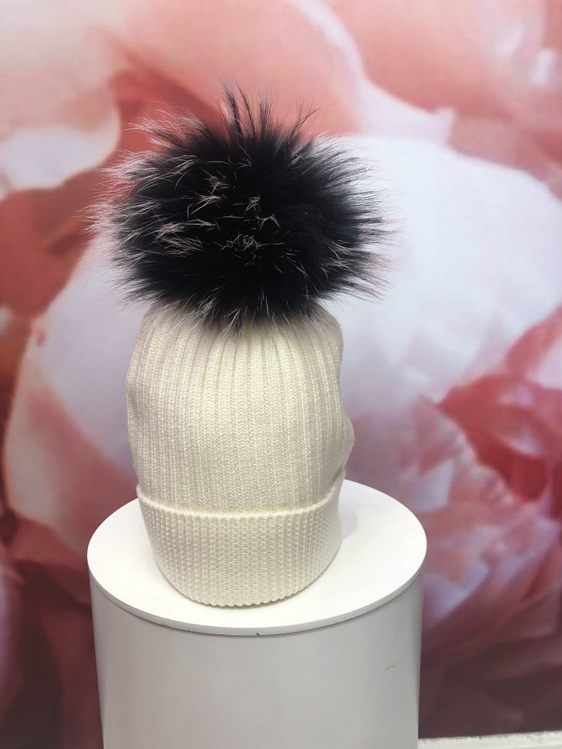 Ivory Merino Hat with Black and Lavender Pom Pom