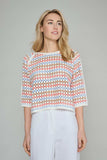 Crochet Effect Sweater in Coral Blue Terracotta and Cream