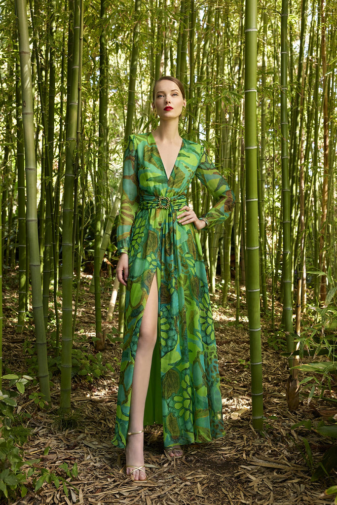 Green Printed Chiffon Maxi Dress