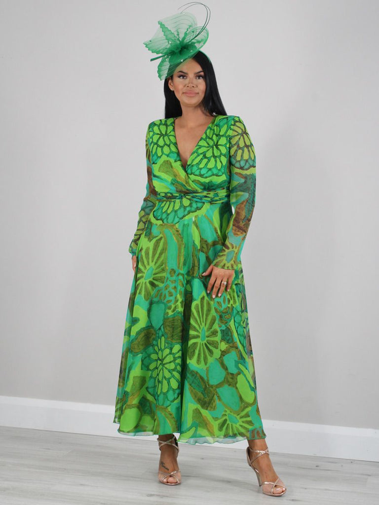 Green Printed Chiffon Middi Dress