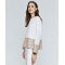 Cream blouse with faux leather detail in camel