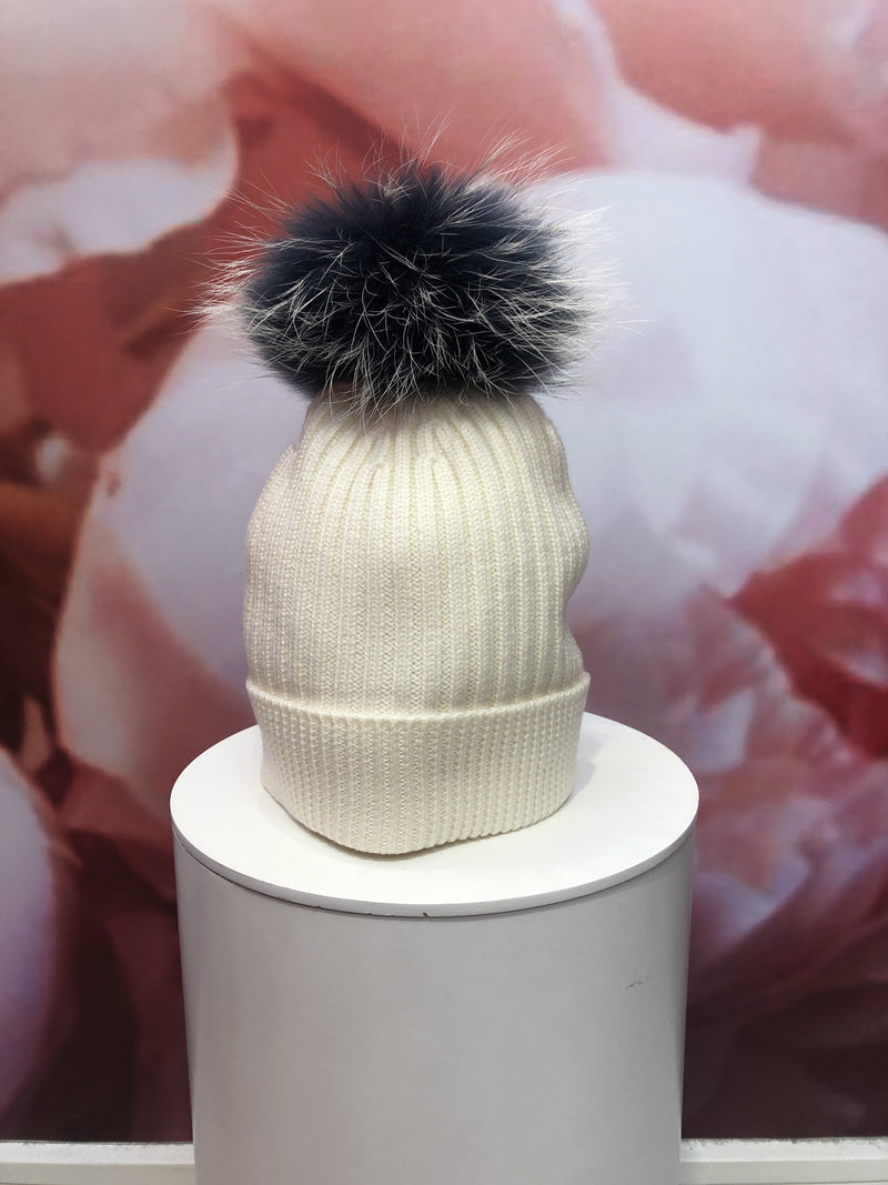 Ivory Merino Hat with Navy and Ivory Pom Pom