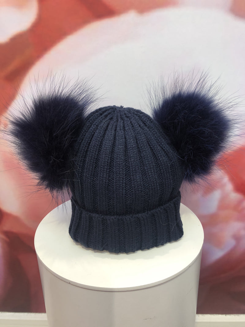 Double Pom Pom Hat in Navy