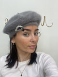 Grey Beret with Teardrop Brooch