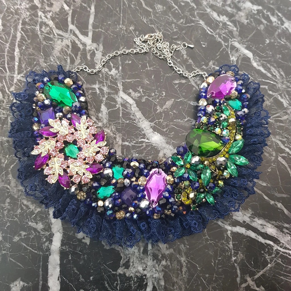 Small Collar - Green Purple & Navy with Navy Lace