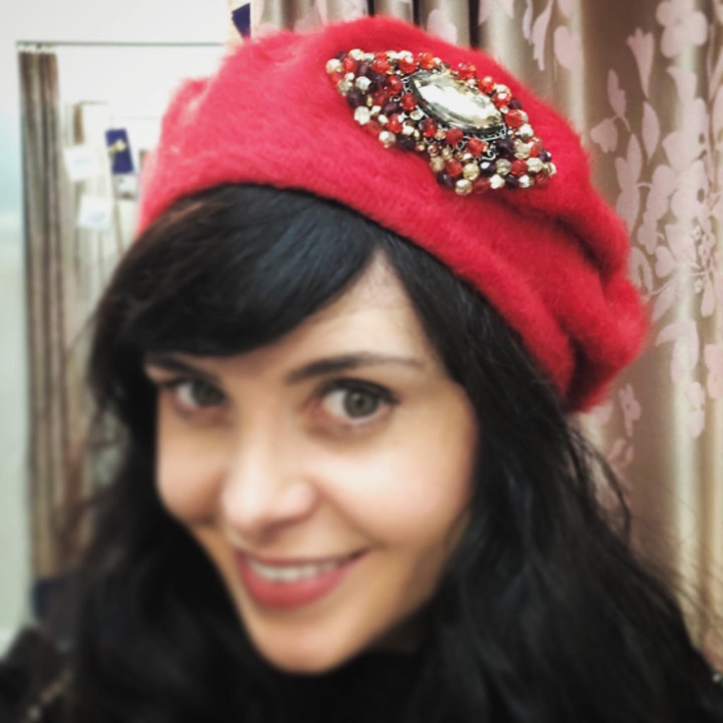 Aisling Maher Red Angora Beret with Black and Gold Iris Embellishment