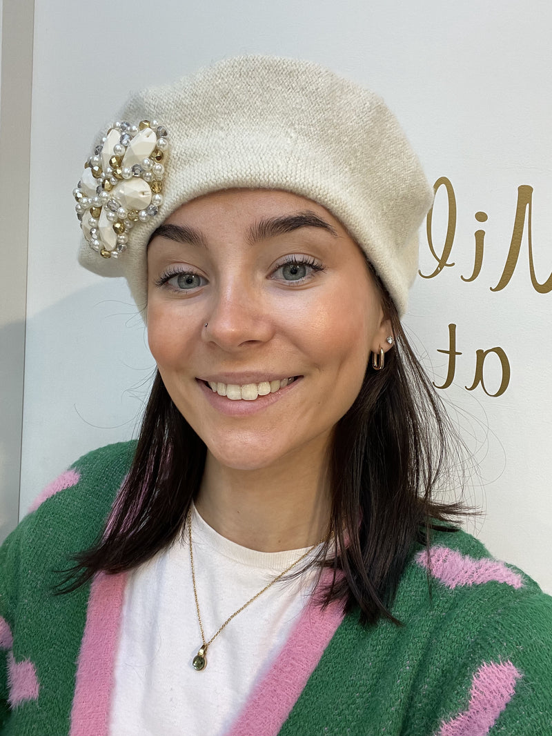 Cream Beret with Cream, Gold and Pearl Brooch