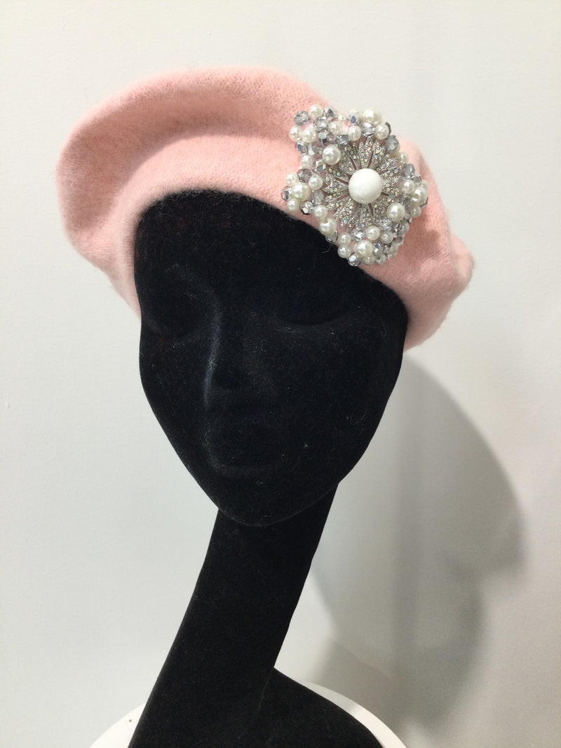 Baby Pink Beret with Silver & Pearls