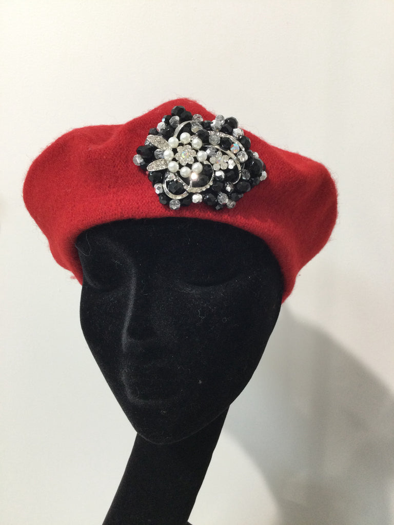 Red Beret with Crystal Flower