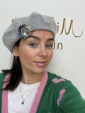 Grey Beret with Blue and Silver Brooch