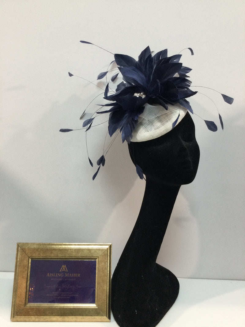 Cream and Navy Feathered Headpiece
