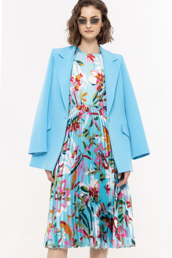 Turquoise multi print  pleated dress