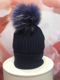 Navy Merino Hat with Navy and Ivory Pom Pom