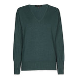 Green Vneck Sweater with Ribbed Waist and Cuffs