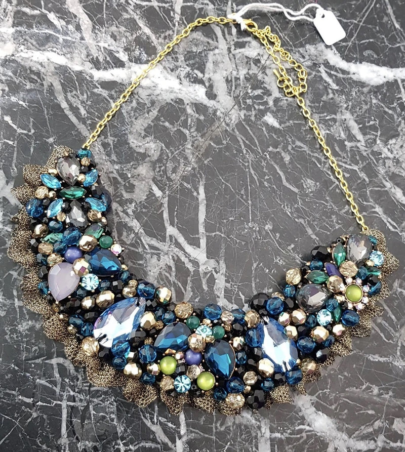 Small Collar - Blue Aqua & Gold with Gold Lace