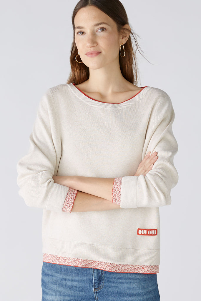 off White Melange Sweater with Red Detail