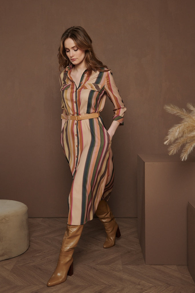 Dress in Earthy Tones with Vertical Stripes