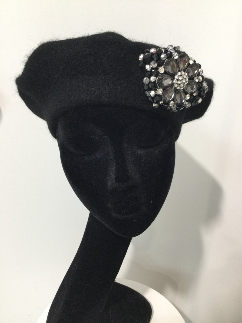Black Beret with Crystal Flower