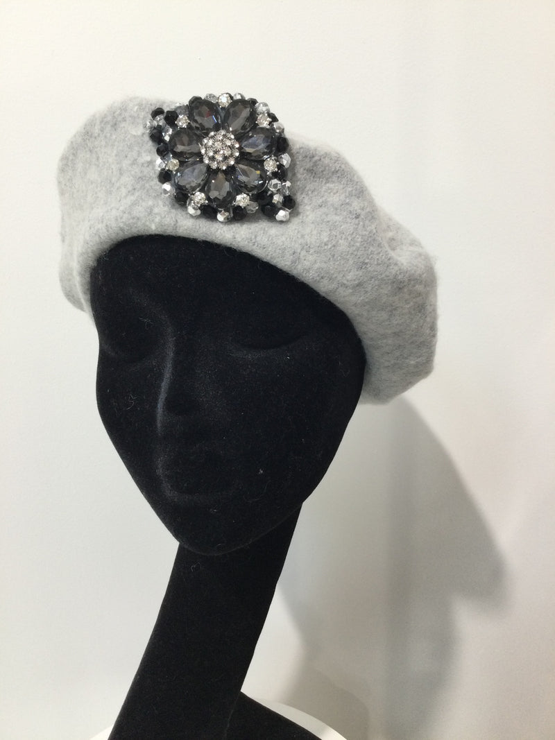 Grey Beret with Flower Embellishment