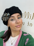 Black Beret with Black and Gold Brooch