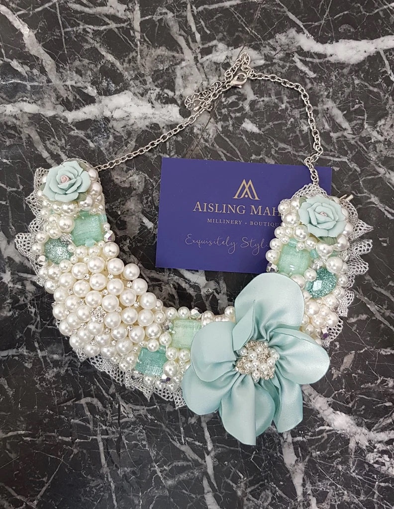 Small Collar - Pearl Mint Silk Flower with SiIver Lace