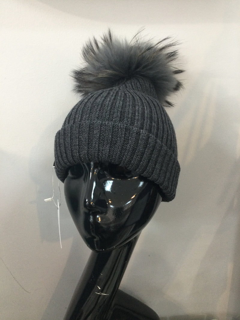 Charcoal grey hat with stormy weather bobbl